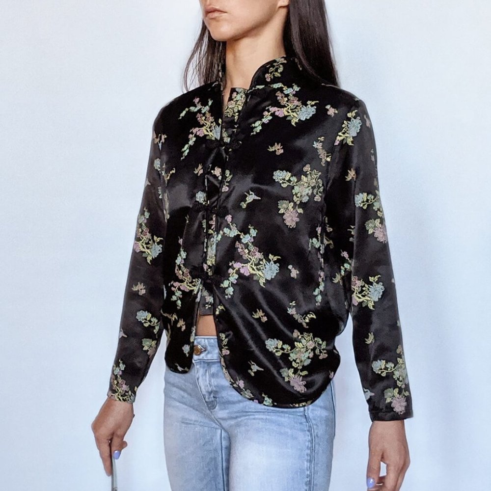 Notations black kimono-inspired button down blouse